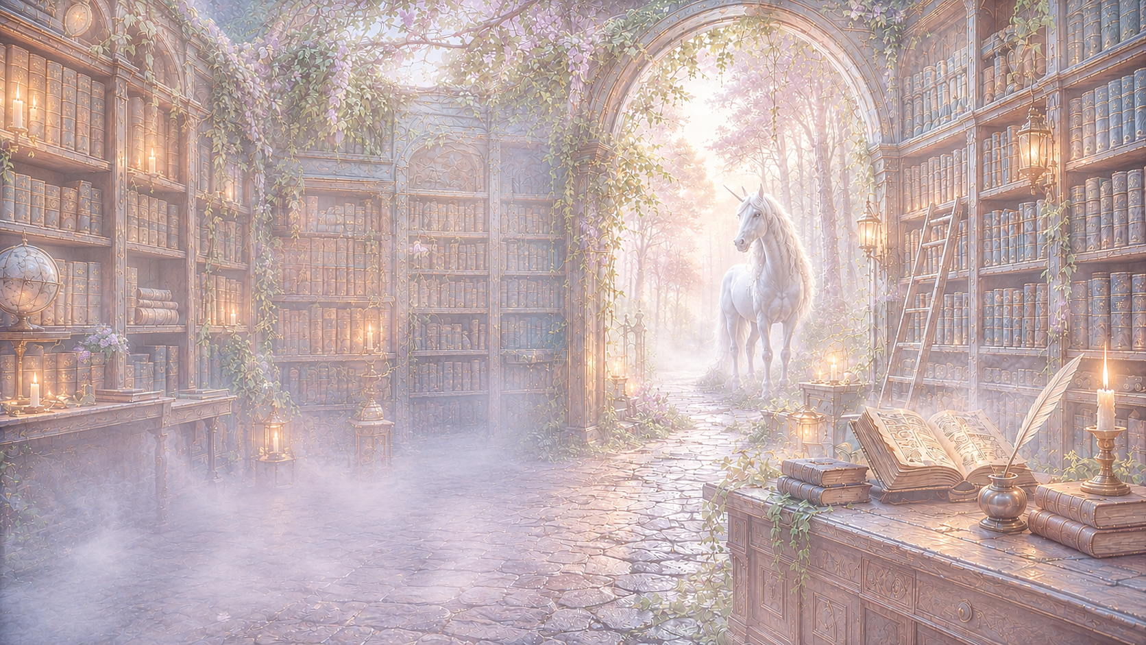 Bibliothèque ancienne ouverte sur une forêt brumeuse où veille une licorne